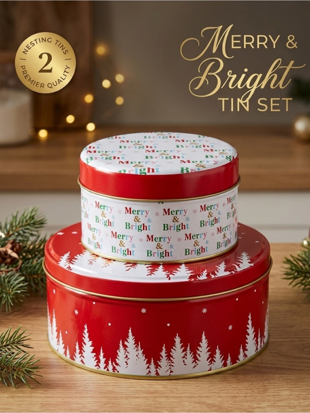 Holiday Style Merry & Bright Red Decorative Tin Set Fed and White